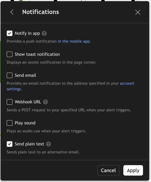 TradingView notifications with Send plain text enabled