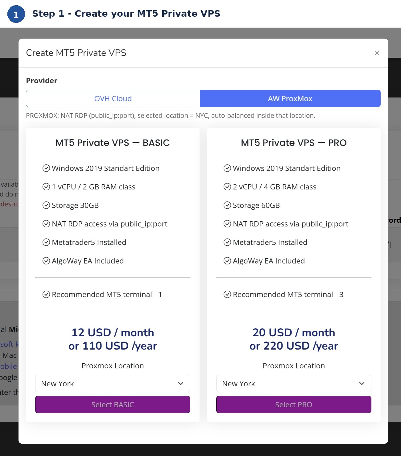 Create an AlgoWay MT5 Private VPS by choosing a provider, plan, and location