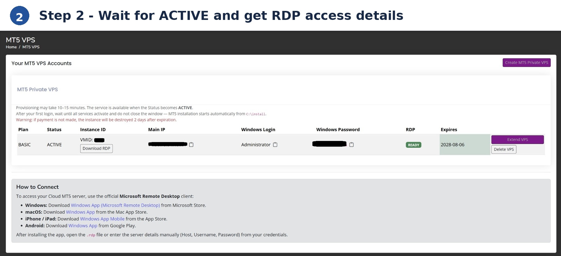 AlgoWay MT5 VPS dashboard showing ACTIVE status, RDP address, Windows login, password, and Download RDP button