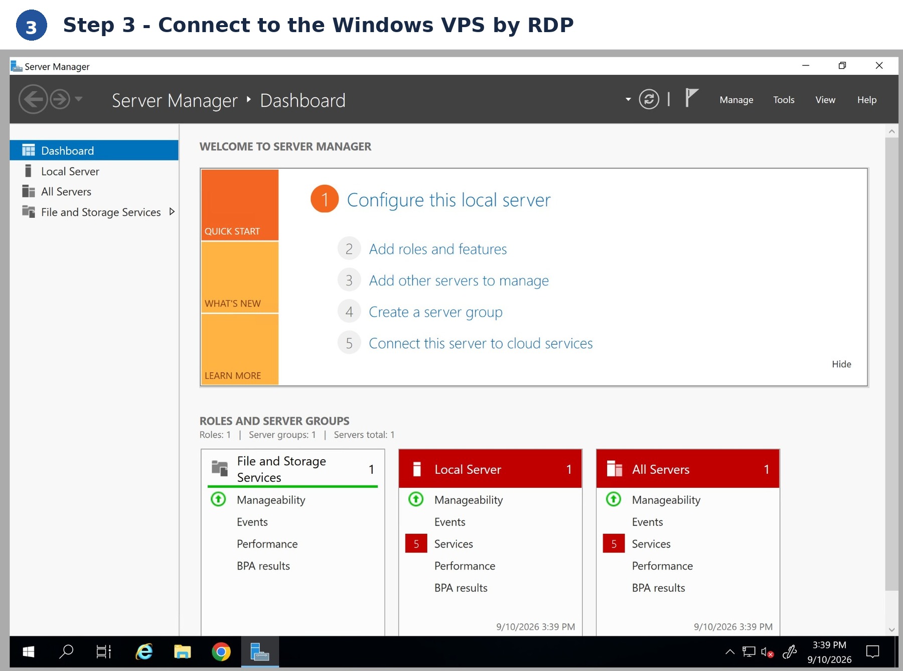 Windows Server desktop after connecting to AlgoWay MT5 VPS by RDP