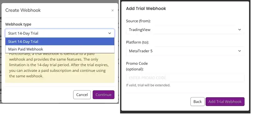 Create webhook in AlgoWay dashboard for TradingView automation