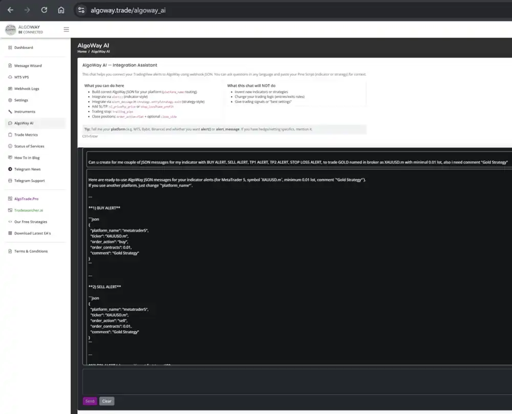 AlgoWay AI generating TradingView webhook JSON messages