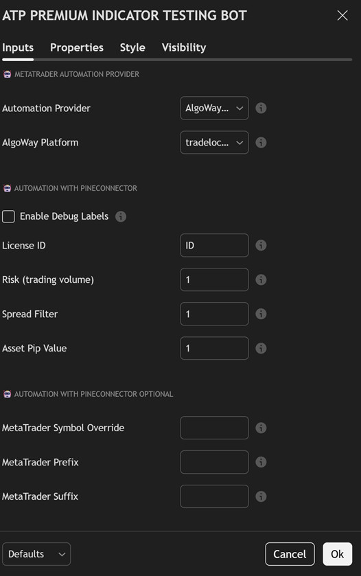 ATP Premium TradingView settings with AlgoWay selected as automation provider and platform selector