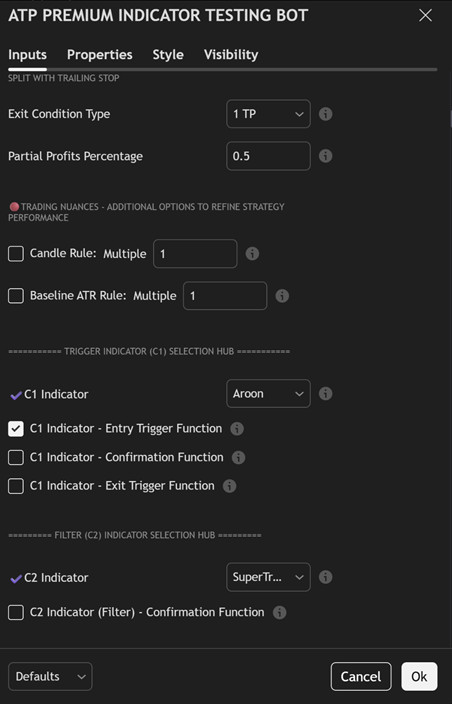 ATP Premium C1 trigger and C2 filter indicator selection settings in TradingView