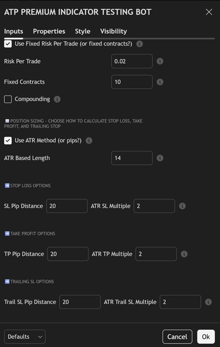 ATP Premium risk management settings with fixed risk ATR Stop Loss Take Profit and trailing stop