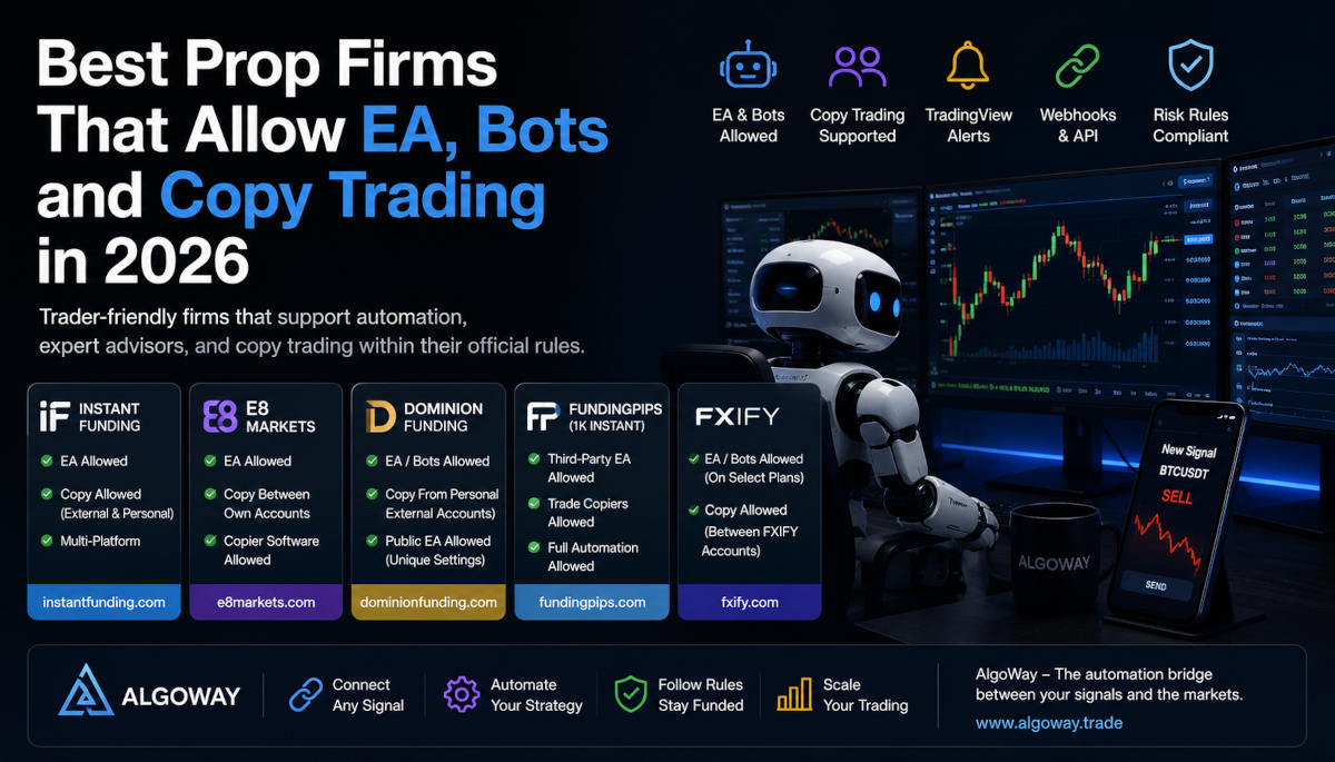 Prop firms that allow EA bots copy trading TradingView alerts Telegram signals and webhook automation