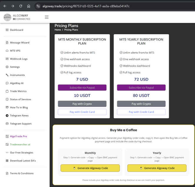 AlgoWay pricing page with Buy Me a Coffee section