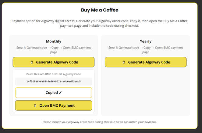 AlgoWay pricing page with Buy Me a Coffee section