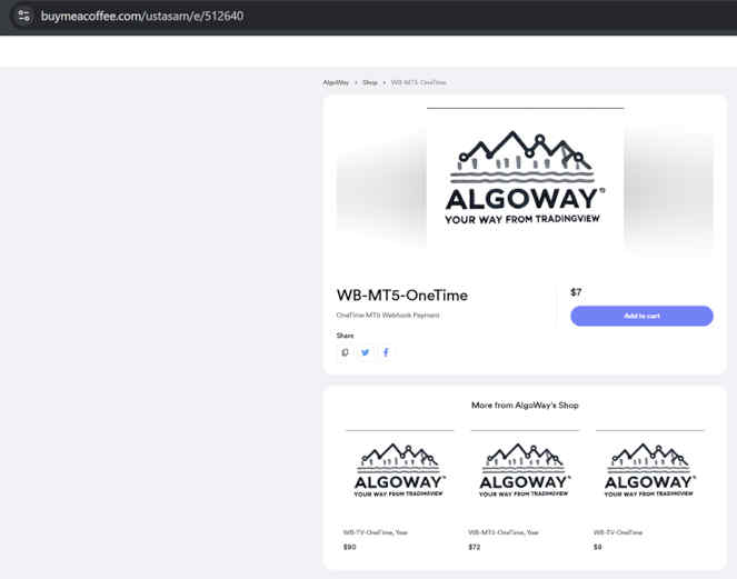AlgoWay pricing page with Buy Me a Coffee section