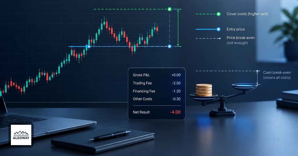 Entry-price line and fee ledger illustrating the difference between price and net break-even