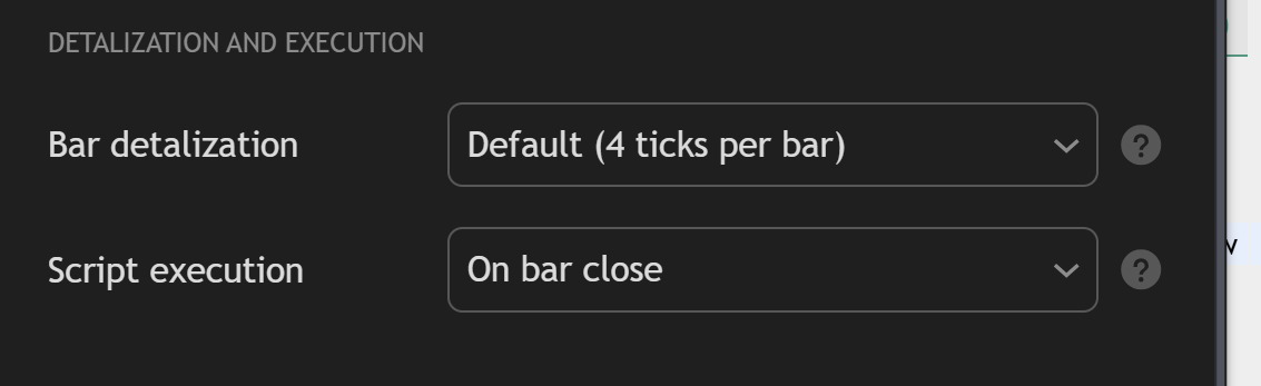 TradingView strategy setting showing Script execution set to On bar close