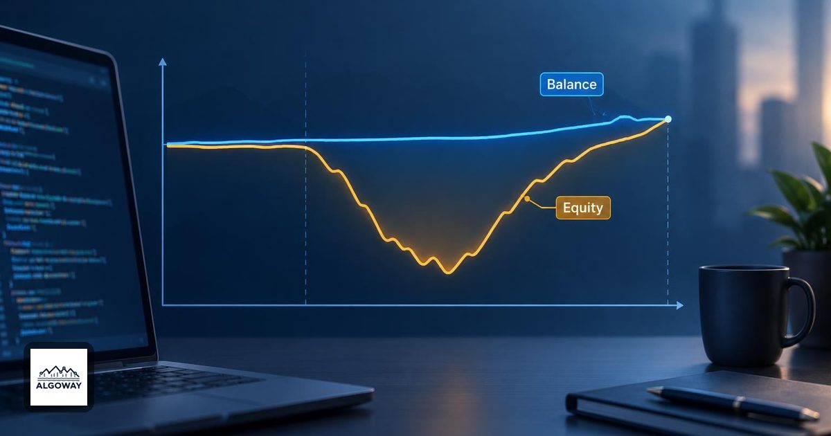 A steady balance line above an equity line dipping during an open trade