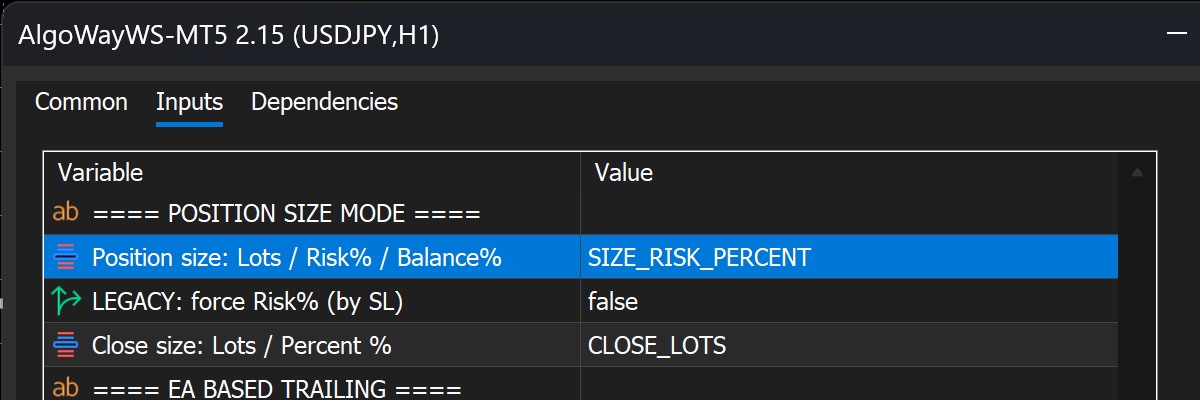 AlgoWayWS MT5 settings with Position size mode set to SIZE_RISK_PERCENT
