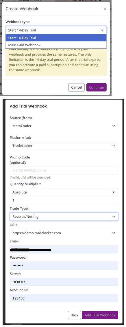 Create AlgoWay webhook for MetaTrader source and destination platform credentials