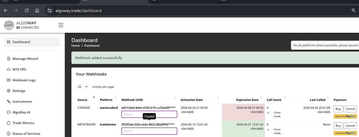 AlgoWay dashboard with MetaTrader source webhook and copied webhook UUID