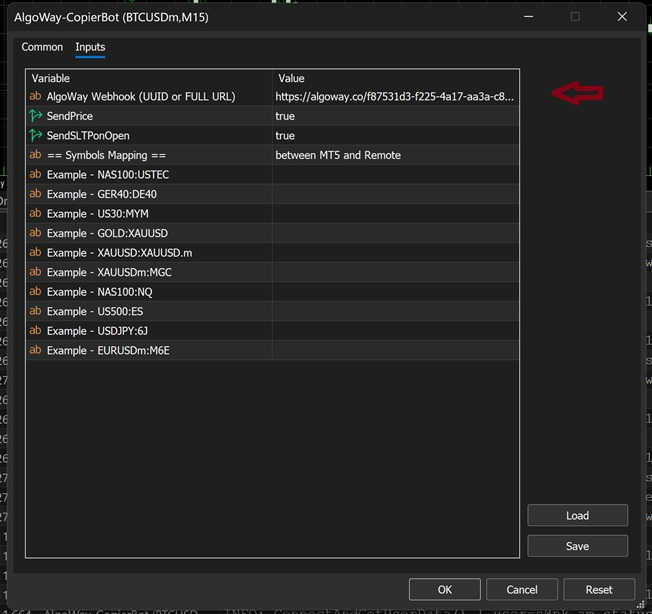 AlgoWay MT5 CopierBot inputs with webhook URL, SendPrice, SendSLTPonOpen and symbol mapping