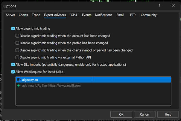 MetaTrader 5 Expert Advisors options with algorithmic trading and WebRequest for algoway.co enabled