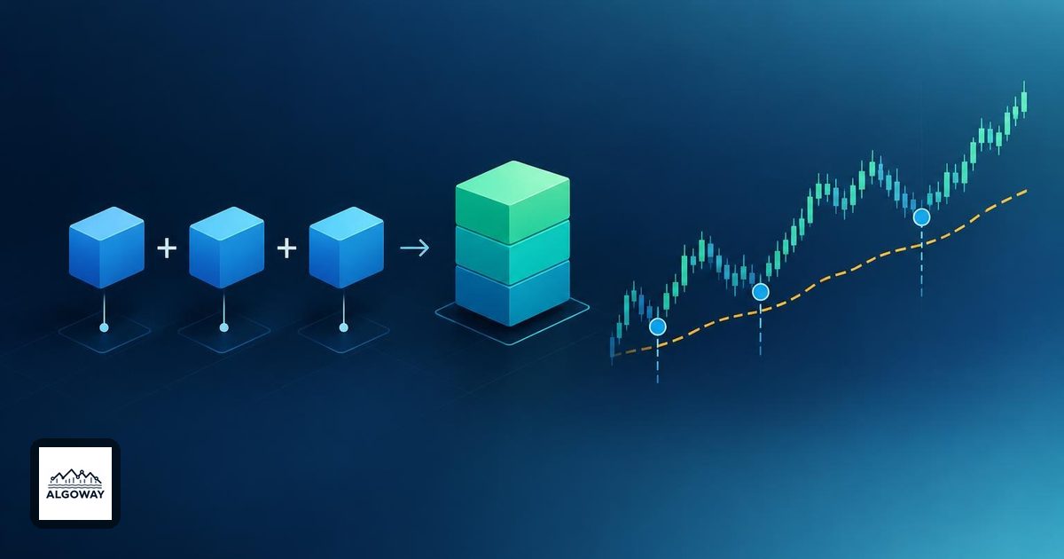 Three separate trading entries combine into one larger position beside an average-price line