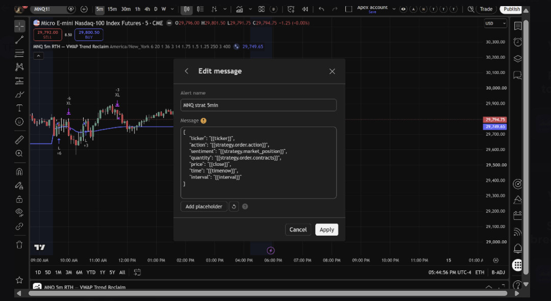 TradingView alert configured with an AlgoWay webhook URL and JSON message
