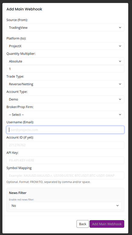 AlgoWay webhook configuration for ProjectX prop-firm trade execution