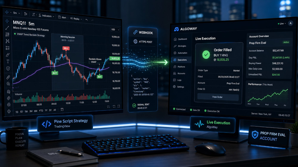 Automating a prop-firm evaluation with TradingView Pine Script and AlgoWay webhook execution