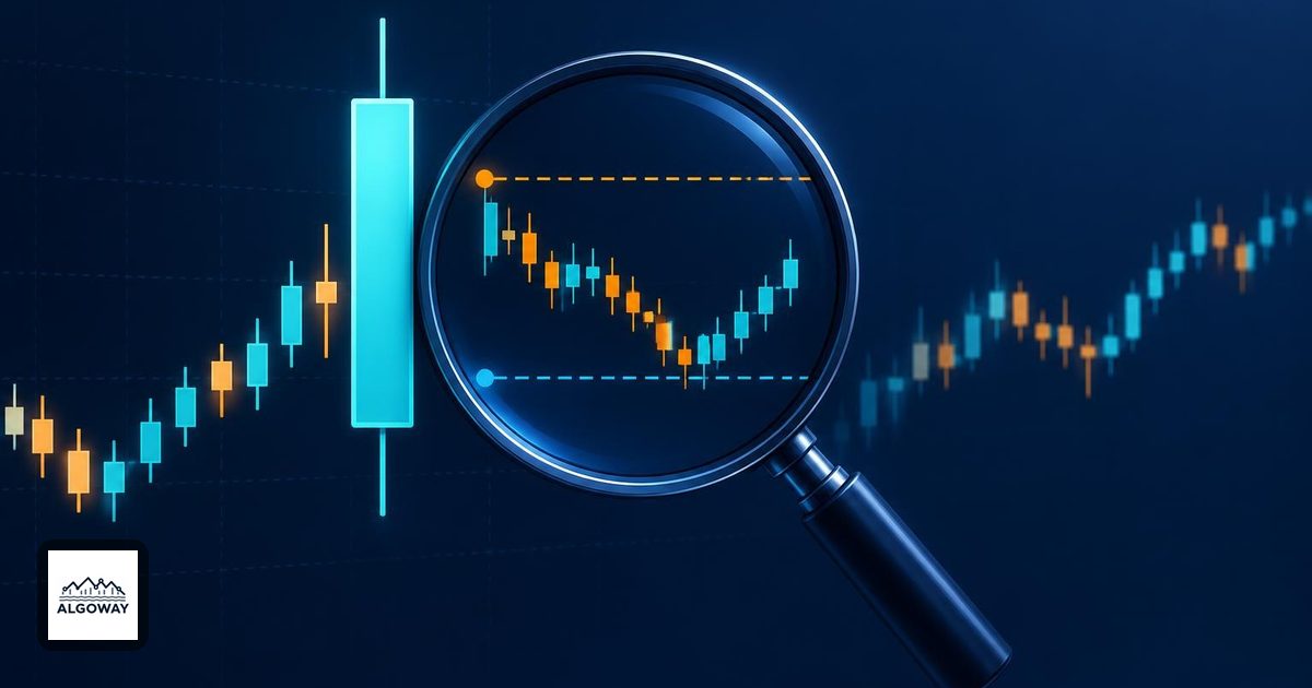A magnifying lens reveals smaller price candles inside one large chart candle