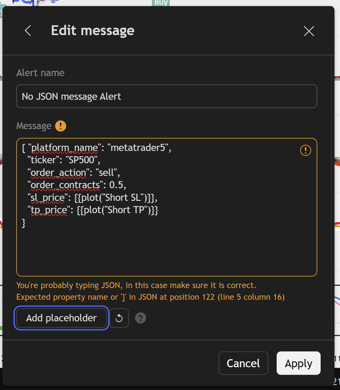 TradingView JSON validation error when plot placeholders are placed directly inside JSON