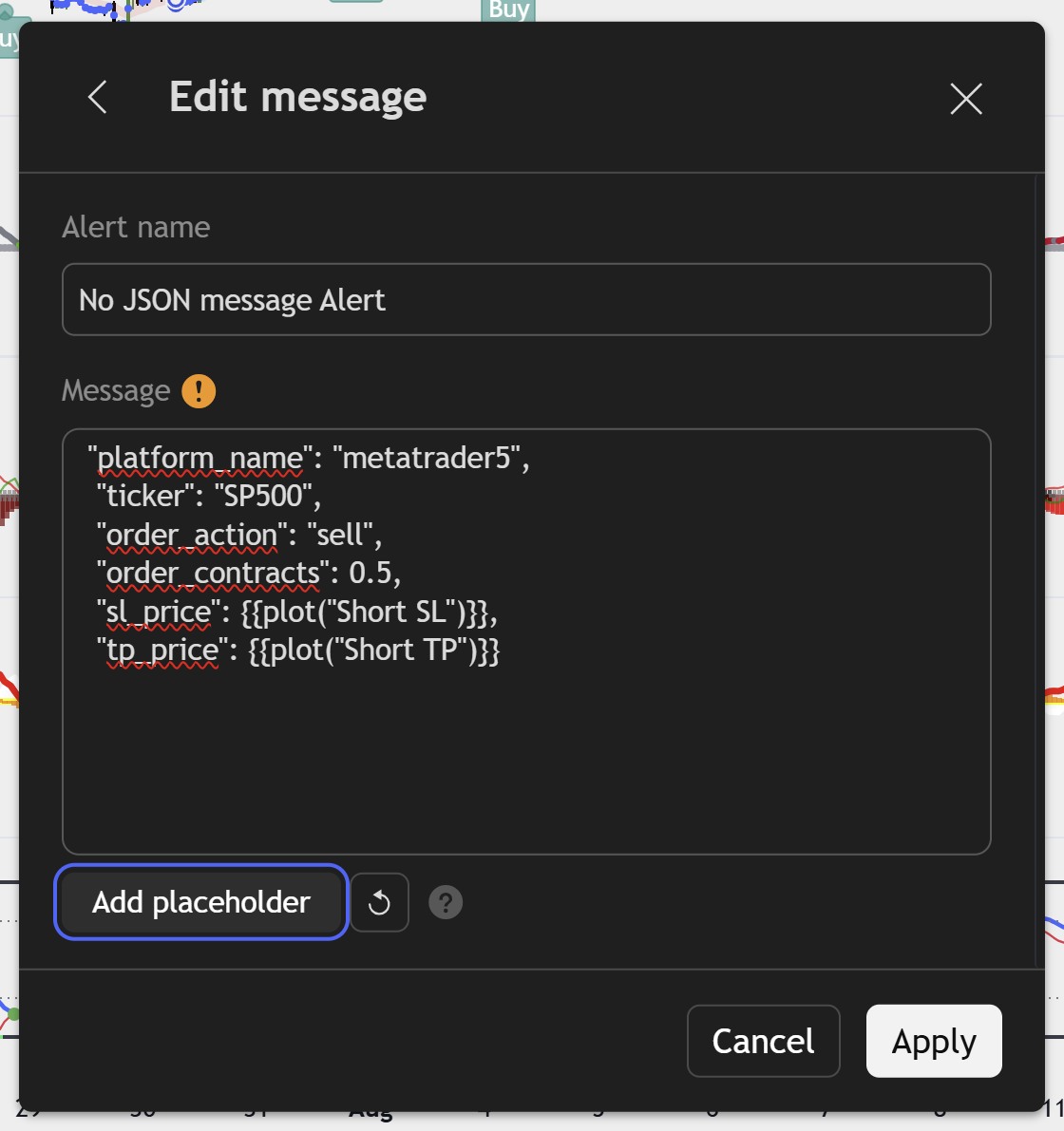 TradingView alert with plot placeholders accepted when the outer JSON object is removed