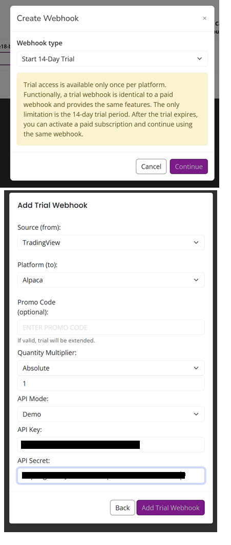 Create Alpaca webhook in AlgoWay