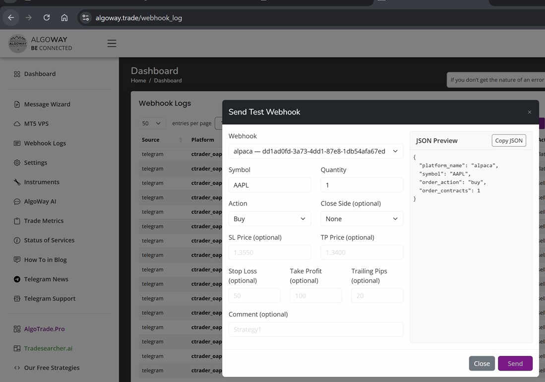 Send Alpaca test webhook from AlgoWay