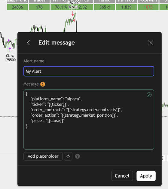 TradingView Alpaca strategy alert JSON