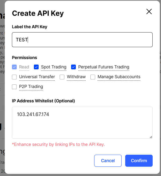 BingX Create API Key modal with permissions and IP whitelist