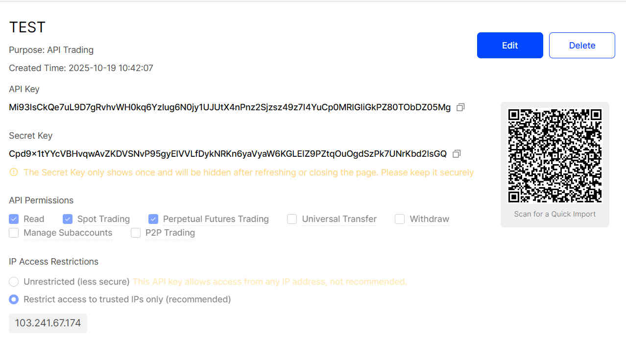 BingX API key details page with Read/Spot/Perpetual and IP restriction