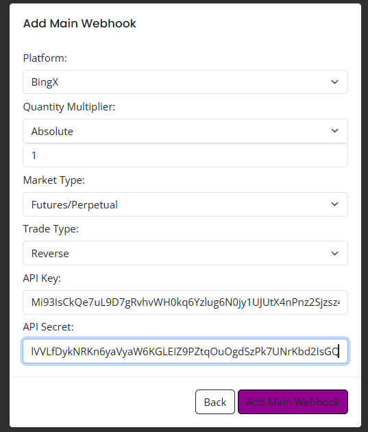 AlgoWay Add Main Webhook form filled for BingX
