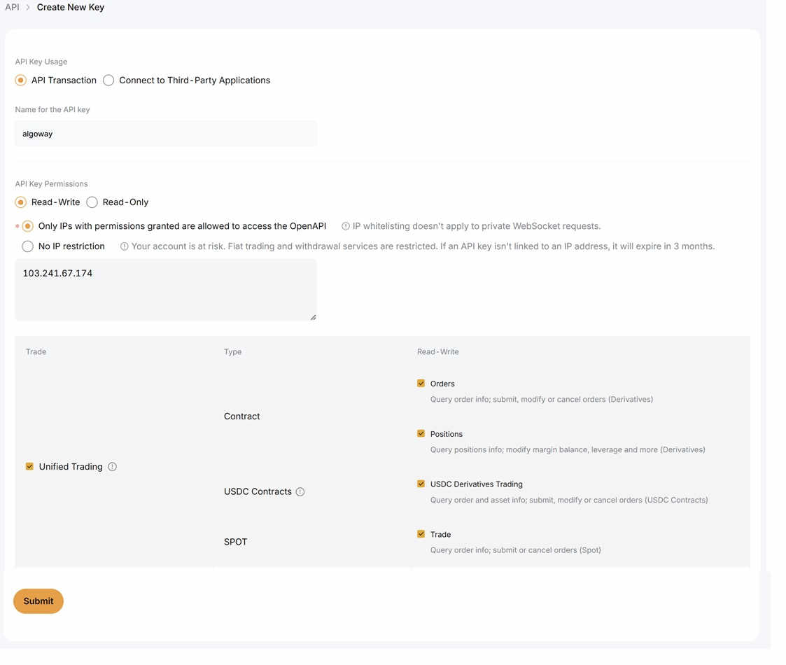 Create Bybit API key for AlgoWay