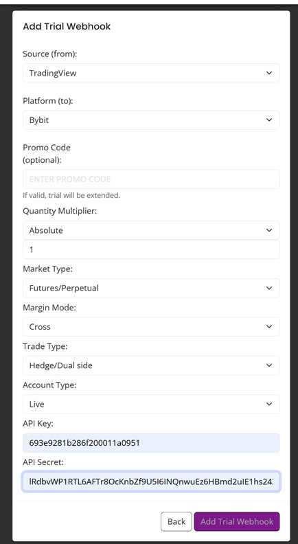Configure Bybit webhook settings in AlgoWay