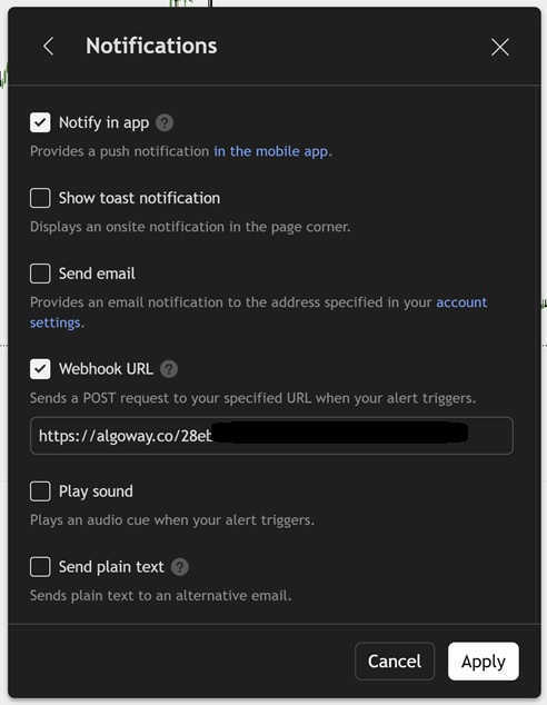 Paste AlgoWay webhook URL into TradingView for Bybit