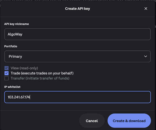 Coinbase Create API Key screen with permissions and IP whitelist