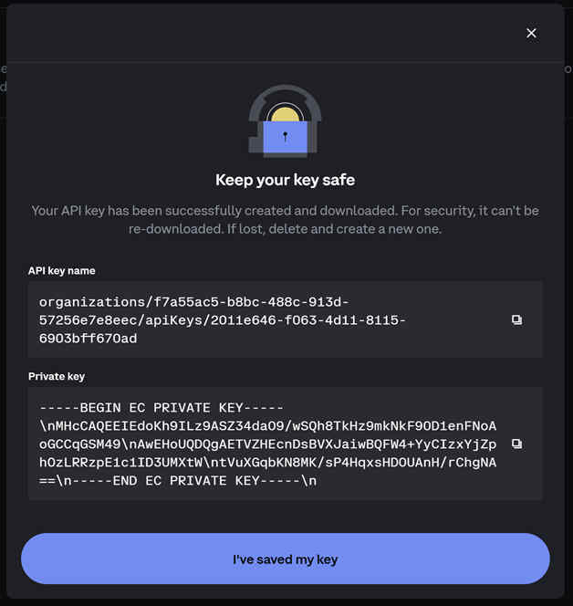 Coinbase API key created successfully modal showing API key name and private key