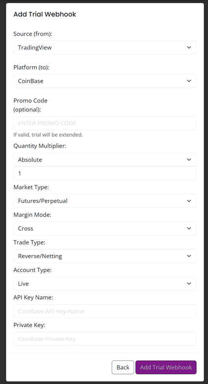 AlgoWay Add Trial Webhook form filled for Coinbase