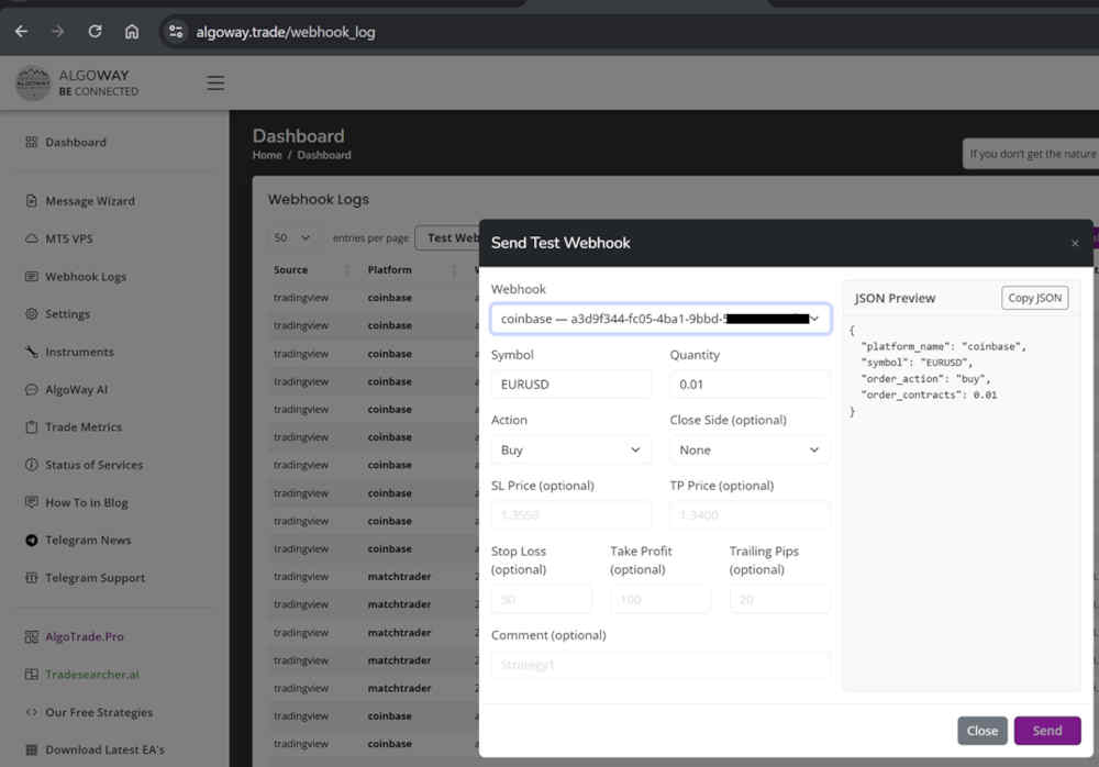 AlgoWay Send Test Webhook modal for Coinbase
