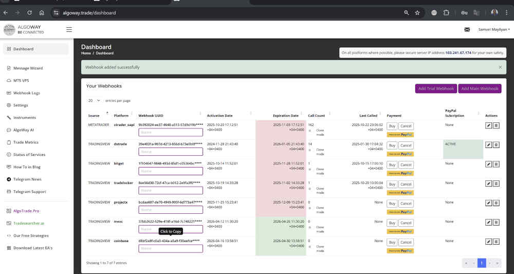 AlgoWay dashboard showing Coinbase webhook entry