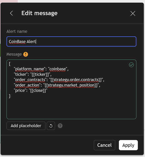 TradingView alert message window with Coinbase JSON
