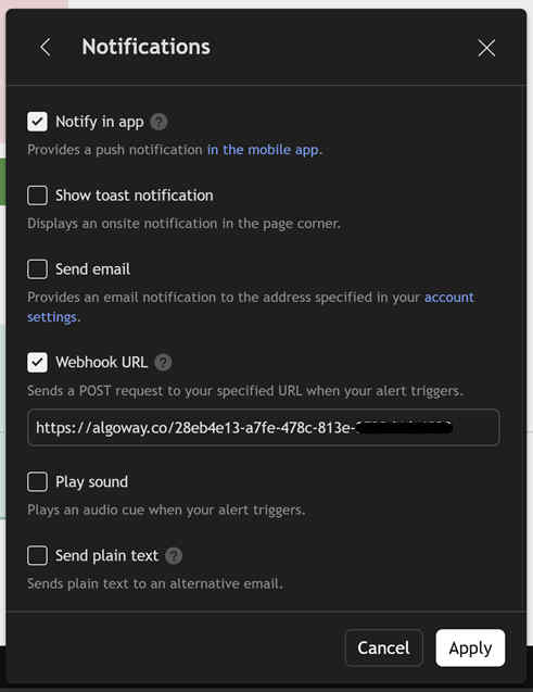 TradingView Notifications section with Webhook URL enabled for AlgoWay Coinbase webhook