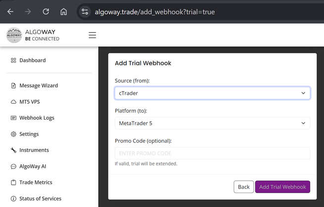 Create cTrader to MetaTrader 5 webhook in AlgoWay