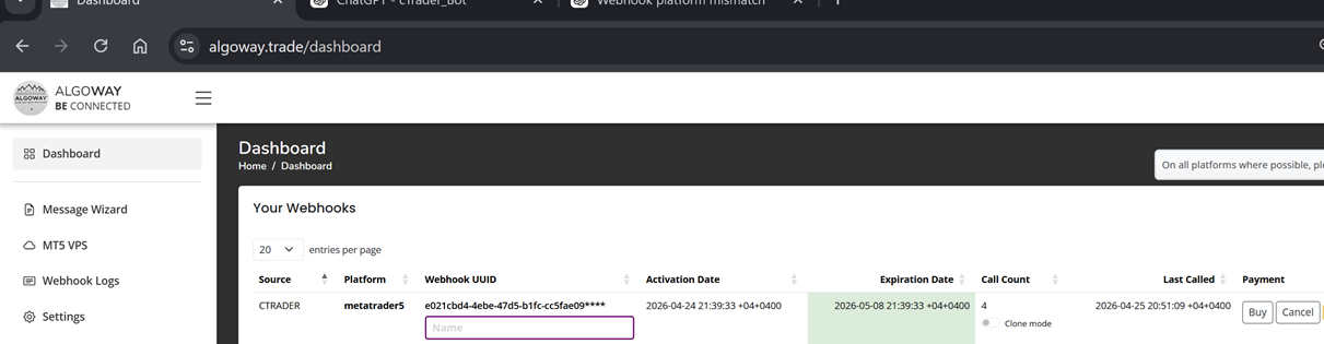AlgoWay dashboard showing cTrader to MetaTrader 5 webhook
