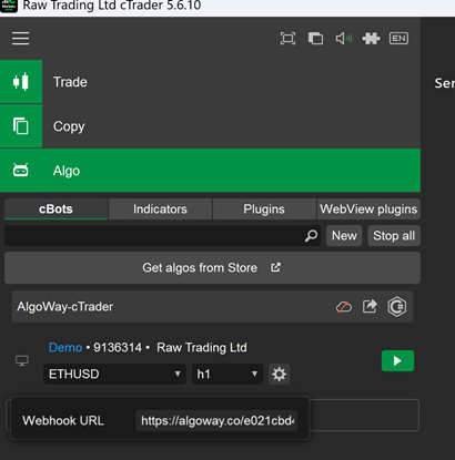 Insert AlgoWay webhook URL into AlgoWay-cTrader cBot settings