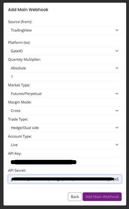 Configure Gate.io webhook settings in AlgoWay
