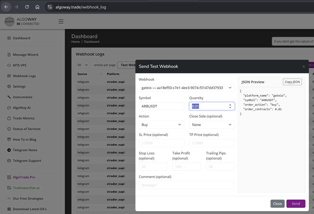 Send Gate.io test webhook from AlgoWay