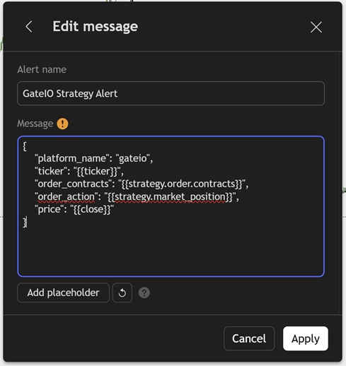 TradingView Gate.io strategy alert JSON